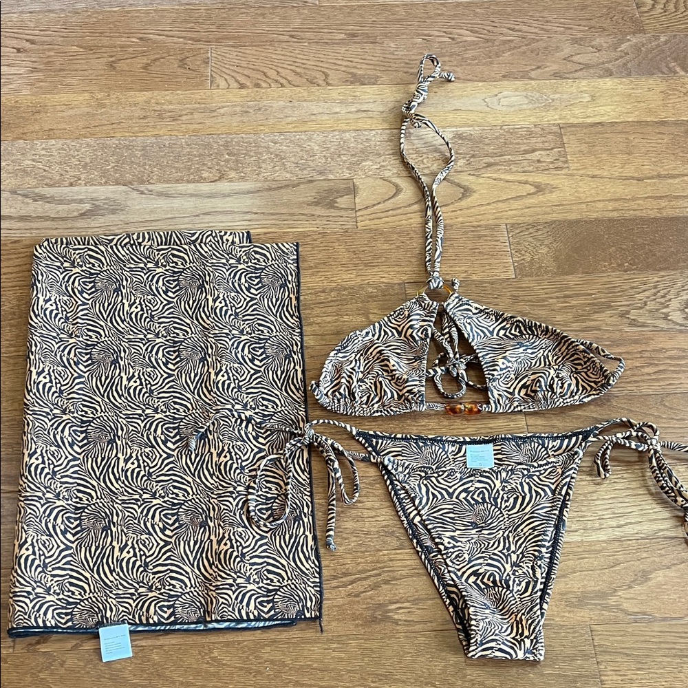 Animal Print String Bikini with Matching Sarong - Brown Black
